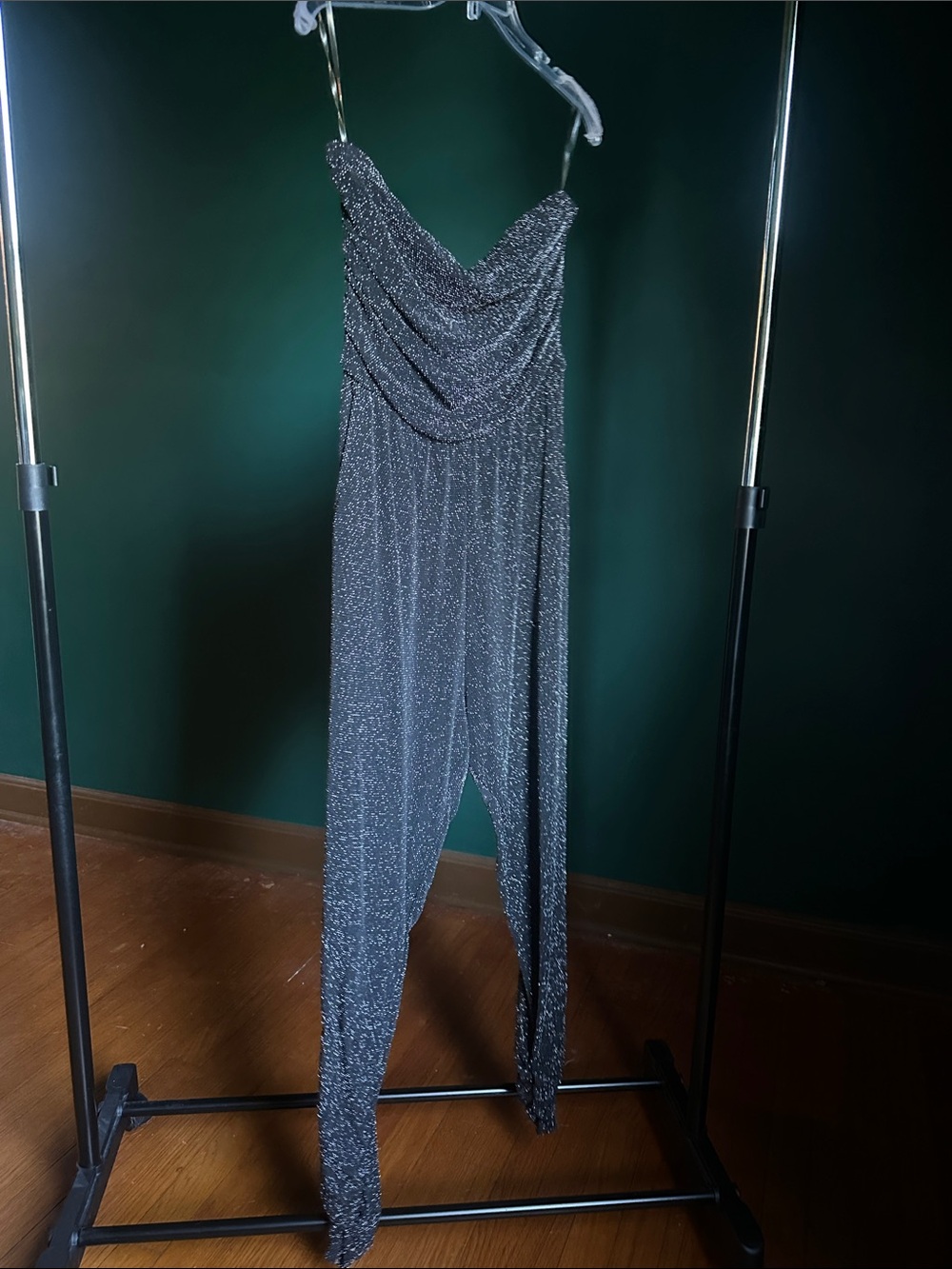 Metallic Black Strapless Draped Jumpsuit